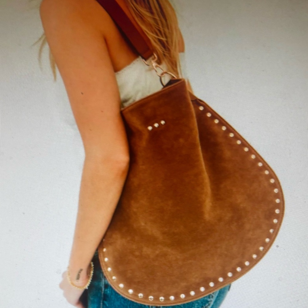 Rivet Suede Hobo Bag-Camel